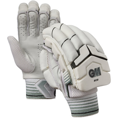 A pair of white Gunn & Moore 808 Batting Gloves 2026 with superior protection, mesh palm ventilation, and gray-striped wristbands, inspired by GM 2026 gloves and featuring GM branding on the back.