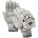 A pair of white Gunn & Moore 808 Batting Gloves 2026 with superior protection, mesh palm ventilation, and gray-striped wristbands, inspired by GM 2026 gloves and featuring GM branding on the back.