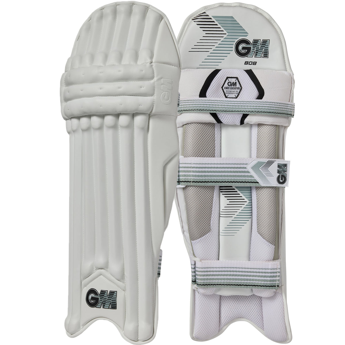Two Gunn & Moore 808 Batting Pads 2026 are shown: one displays its vertical protective padding, the other reveals the straps and Gunn & Moore logo. These lightweight pads provide professional-level protection for cricket players.