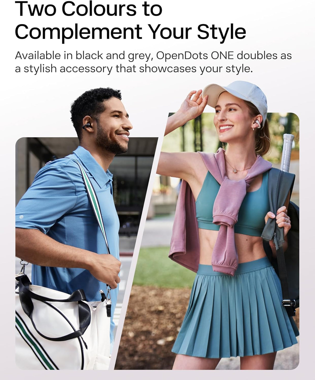 A man in a blue polo and a woman in tennis wear smile outdoors wearing Shokz OpenDots One clip-on open-ear earbuds. Available in black and grey, Shokz offers stylish, immersive audio for any adventure.