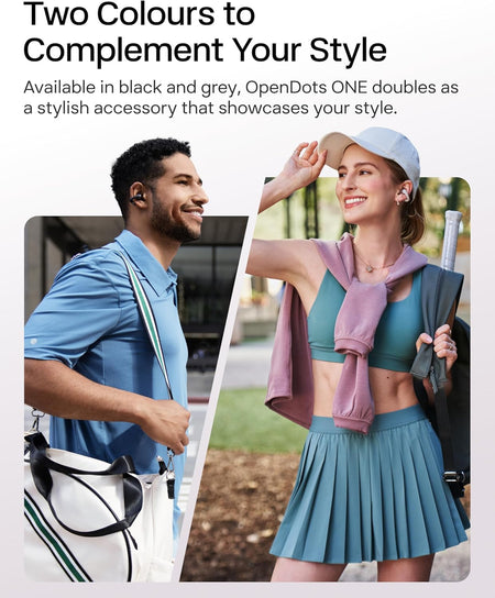 A man in a blue polo and a woman in tennis wear smile outdoors wearing Shokz OpenDots One clip-on open-ear earbuds. Available in black and grey, Shokz offers stylish, immersive audio for any adventure.