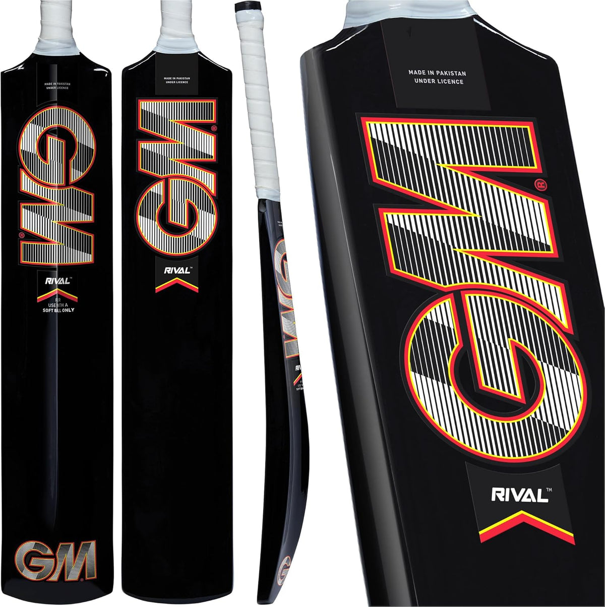 Three views of a black Gunn & Moore Rival Softball Bat with bold, orange-striped GM branding, white grip, and "Made in Pakistan under license" text. This lightweight bat from Gunn & Moore is ideal for fast swings and easy handling.