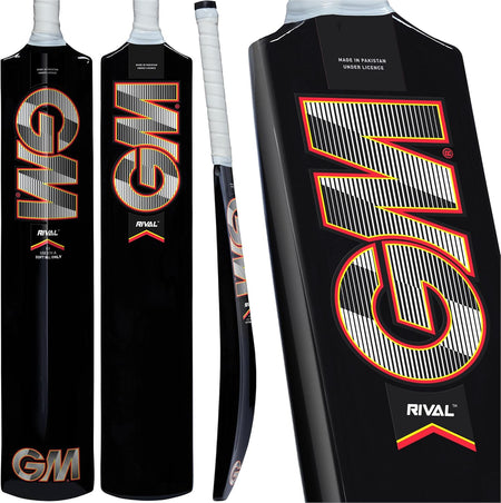 Three views of a black Gunn & Moore Rival Softball Bat with bold, orange-striped GM branding, white grip, and "Made in Pakistan under license" text. This lightweight bat from Gunn & Moore is ideal for fast swings and easy handling.