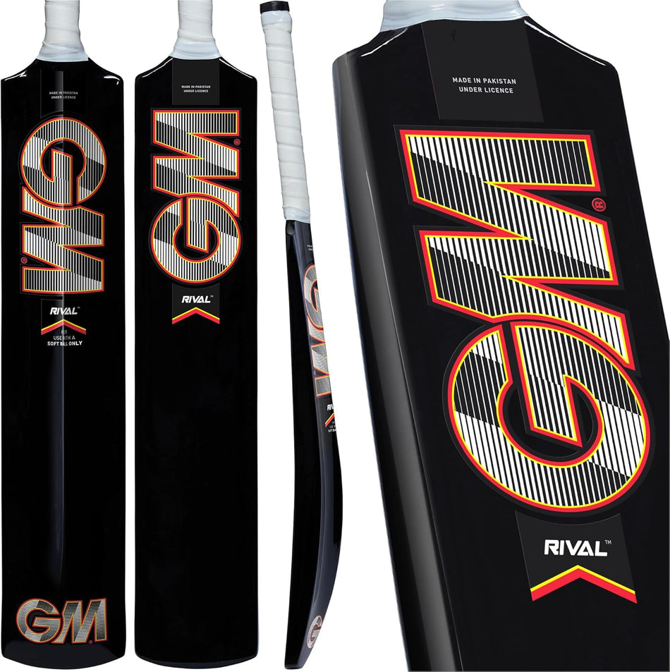 Three views of a black Gunn & Moore Rival Softball Bat with bold, orange-striped GM branding, white grip, and "Made in Pakistan under license" text. This lightweight bat from Gunn & Moore is ideal for fast swings and easy handling.