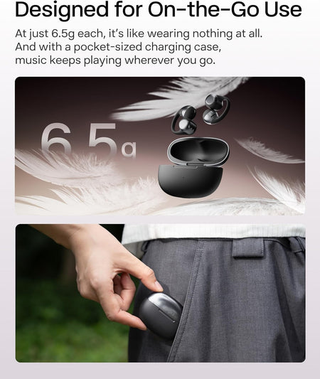 Image displaying Shokz OpenDots One open-ear earbuds by Shokz beside feathers and their charging case to highlight their 6.5g light weight, with a hand placing the compact case into a pants pocket for easy portability.
