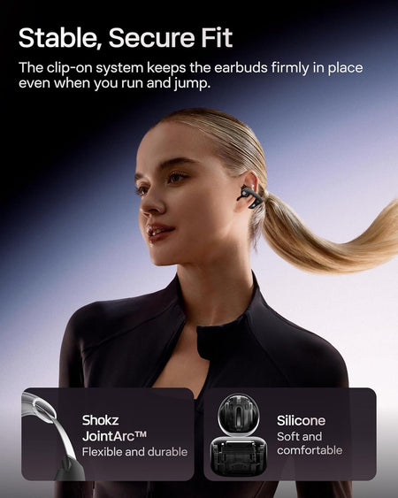 A woman with blonde hair in a ponytail wears Shokz OpenDots One open-ear earbuds. Text highlights their secure fit, Shokz JointArc™ flexibility, and soft silicone. Insets show close-ups of the earbuds’ features.