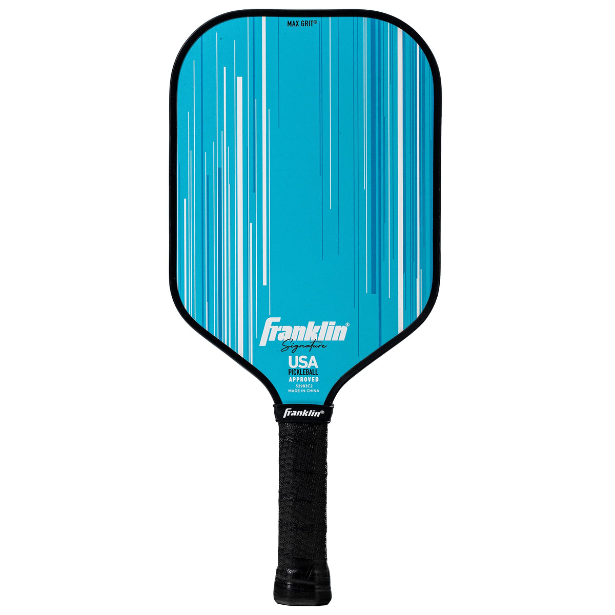 The Franklin Signature Pro Series Pickleball Paddle features a blue design, MaxGrit surface, black edge guard, textured grip, Franklin logo, and is USA Pickleball certified.