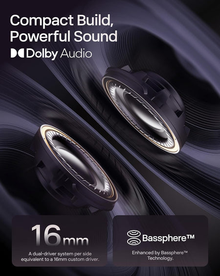 Two black and silver Shokz OpenDots One audio drivers with glowing edges appear on a dark background. Text highlights Compact Build, Powerful Sound, Dolby Audio, 16mm dual-driver, Bassphere tech, and immersive audio.
