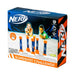 The Nerf Slingshot Challenge by Nerf features two kids playing with a slingshot, three foam balls, and four standing pins—great for indoor or outdoor fun. The box is accented in blue and orange.