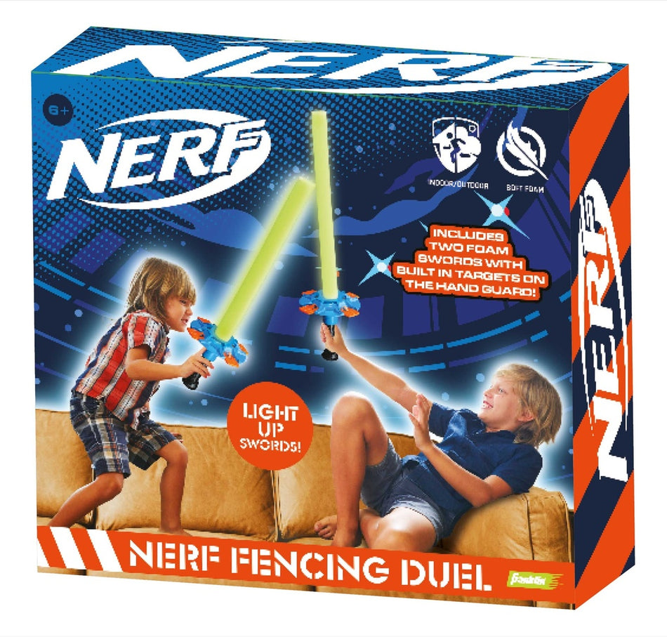 Two kids play on a couch with Nerf Fencing Duel Set LED light-up foam swords, each featuring built-in hand guard targets. The box displays the Nerf brand and product name, highlighting this safe toy includes two foam swords for kids.