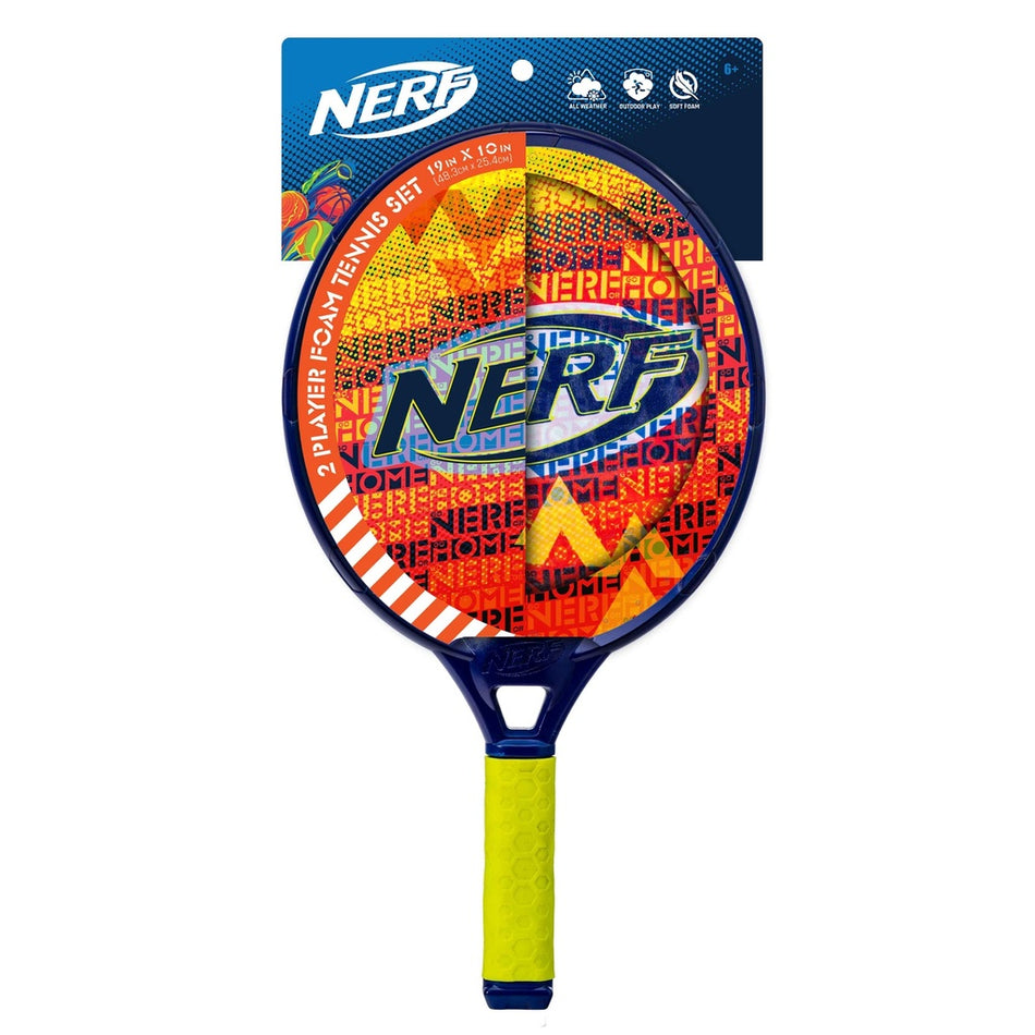 The Nerf Junior Driveway Tennis Set by Nerf is a colorful kids tennis set for indoor or outdoor play, featuring orange, yellow, and red rackets with blue frames and bright yellow grips, all packaged with iconic Nerf branding.