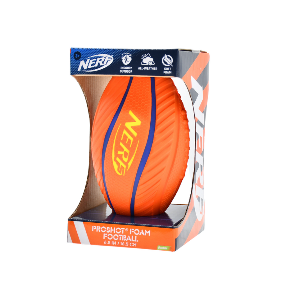The Nerf Spiral Grip Mini Foam American Football, orange with blue stripes and a yellow logo, is shown in open-front branded cardboard packaging labeled for indoor and outdoor use.