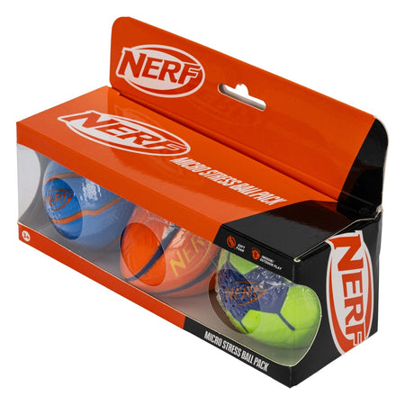The Nerf Micro Stress Balls (pack of 3) by Nerf includes blue, orange, and green mini foam balls in mostly orange packaging with the logo and a clear window that displays the balls.