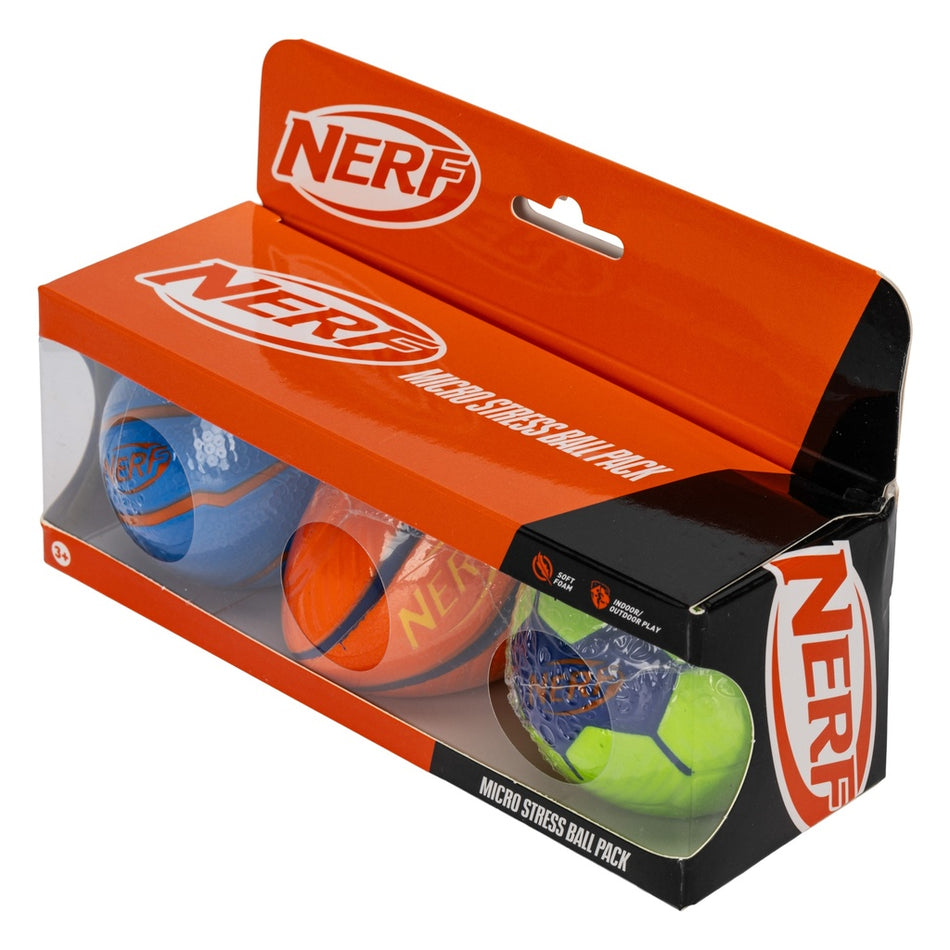 The Nerf Micro Stress Balls (pack of 3) by Nerf includes blue, orange, and green mini foam balls in mostly orange packaging with the logo and a clear window that displays the balls.