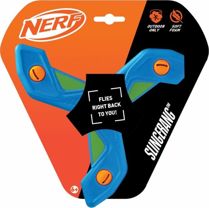 The Nerf Slingerang is a blue and green foam boomerang, packaged in orange and black, marked "Outdoor Only," "Soft Foam," and "Flies right back to you"—ideal for fun outdoor play!.