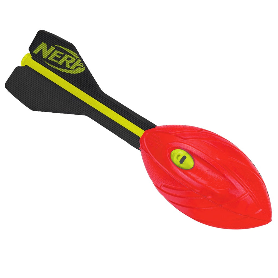 The Nerf Vortex Aero Howler, featuring a red body, black tail fins, a yellow accent stripe, and the Nerf logo on the fins, is a foam football designed for long-distance throwing fun.