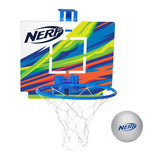 The Nerf Nerfoop by Nerf features a blue indoor basketball hoop with a white net and striped backboard, plus a small white foam ball, making it perfect for fun indoor games.