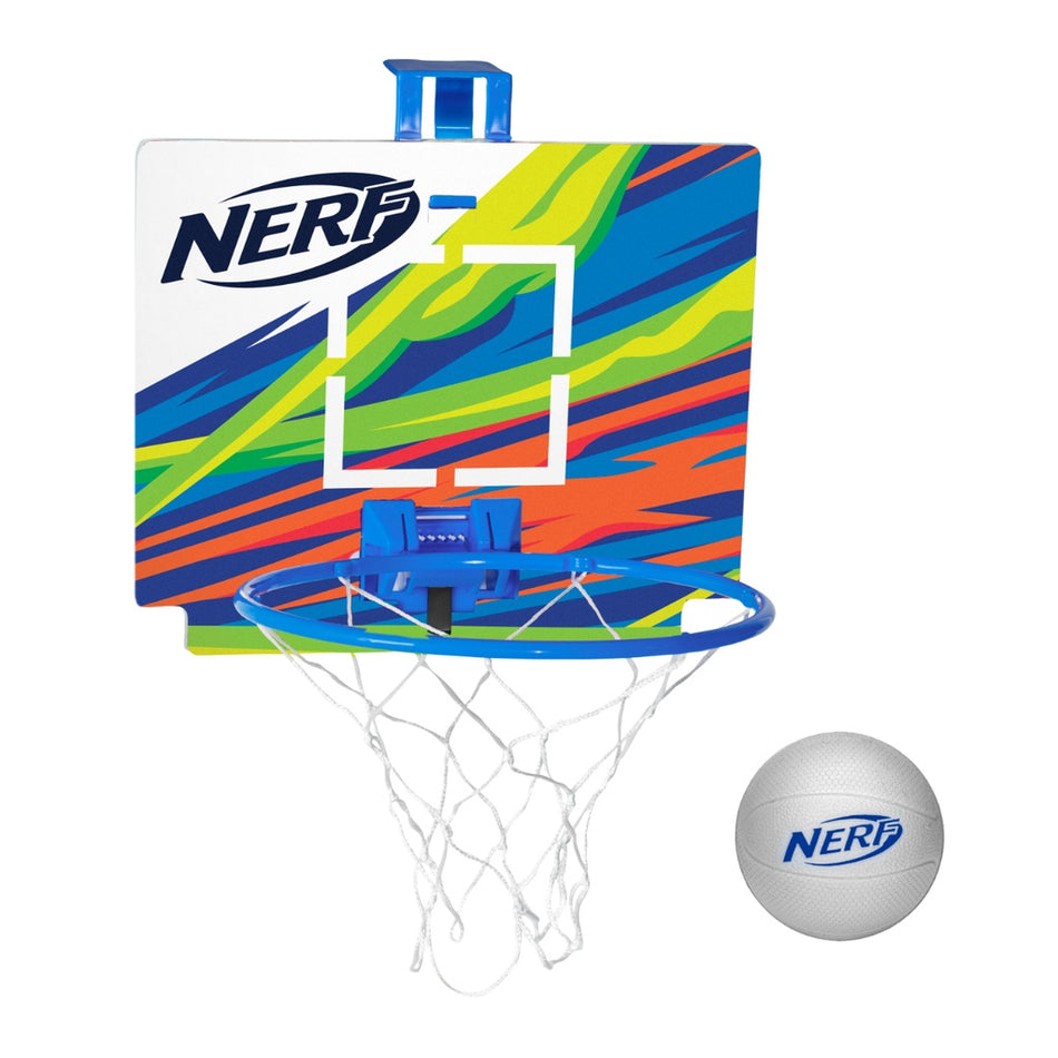 The Nerf Nerfoop by Nerf features a blue indoor basketball hoop with a white net and striped backboard, plus a small white foam ball, making it perfect for fun indoor games.