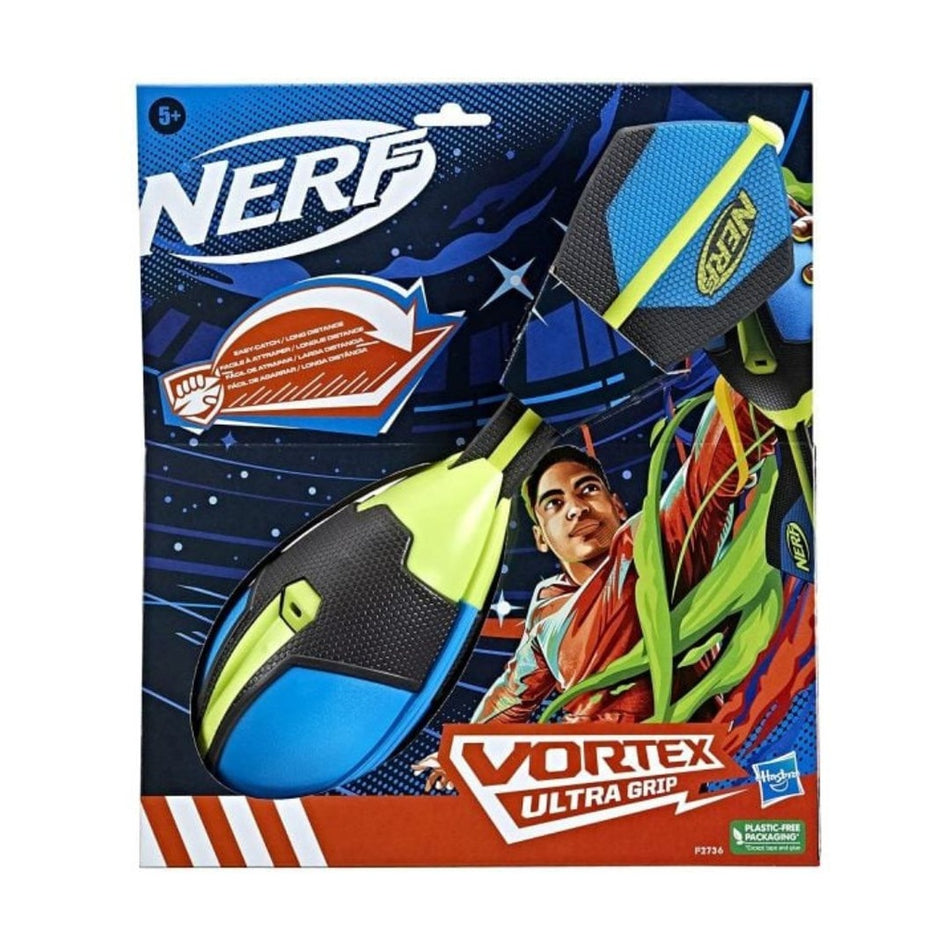 Nerf Vortex Ultra Grip football packaging features a blue and green foam ball, a boy throwing it, and bold Nerf branding on a dynamic background—built for all-weather play.