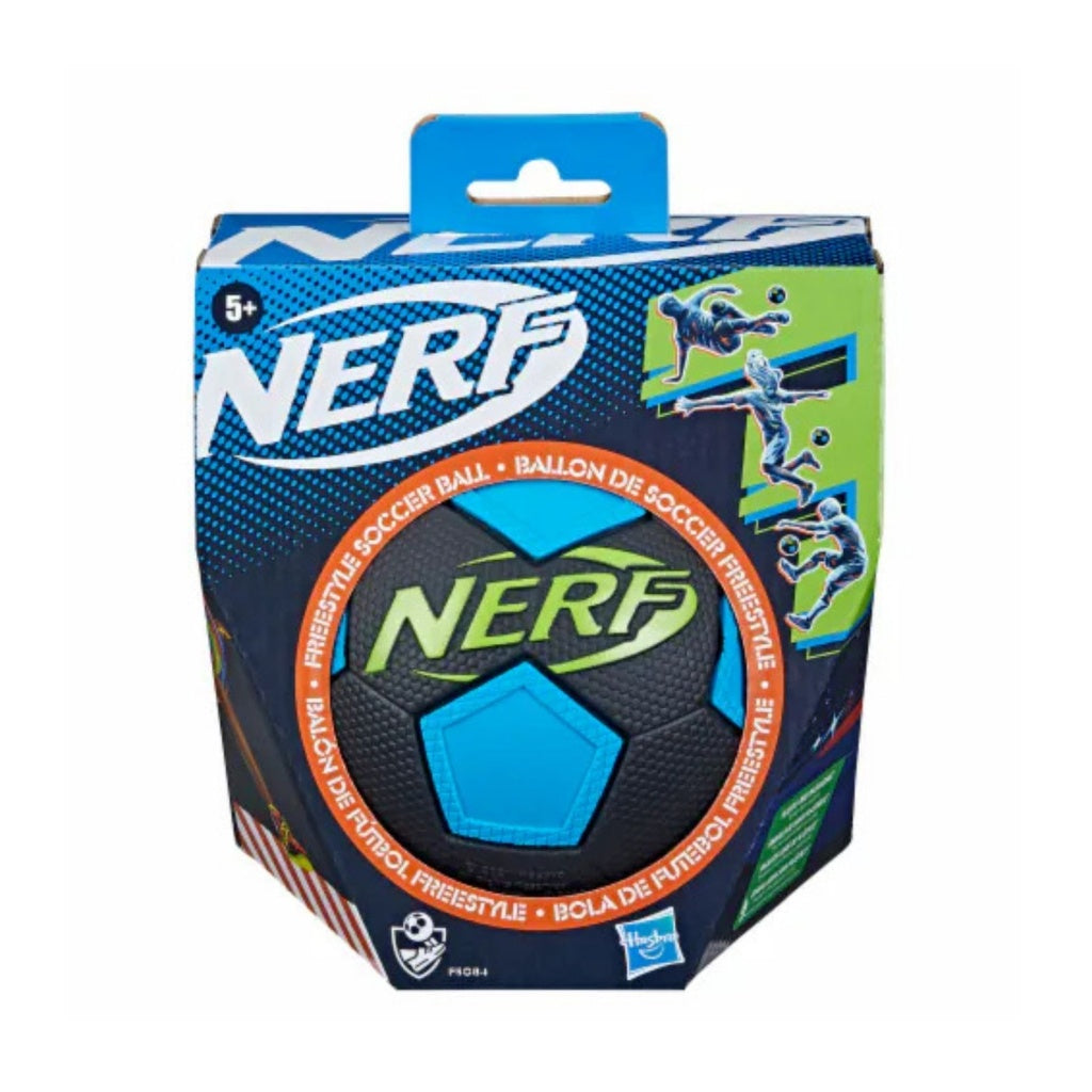 The Nerf Freestyle Soccer Ball for ages 5+ features a blue and black pattern with a green logo. Packaged in a box with action graphics of people playing, this kids' soccer ball is from the Nerf brand.