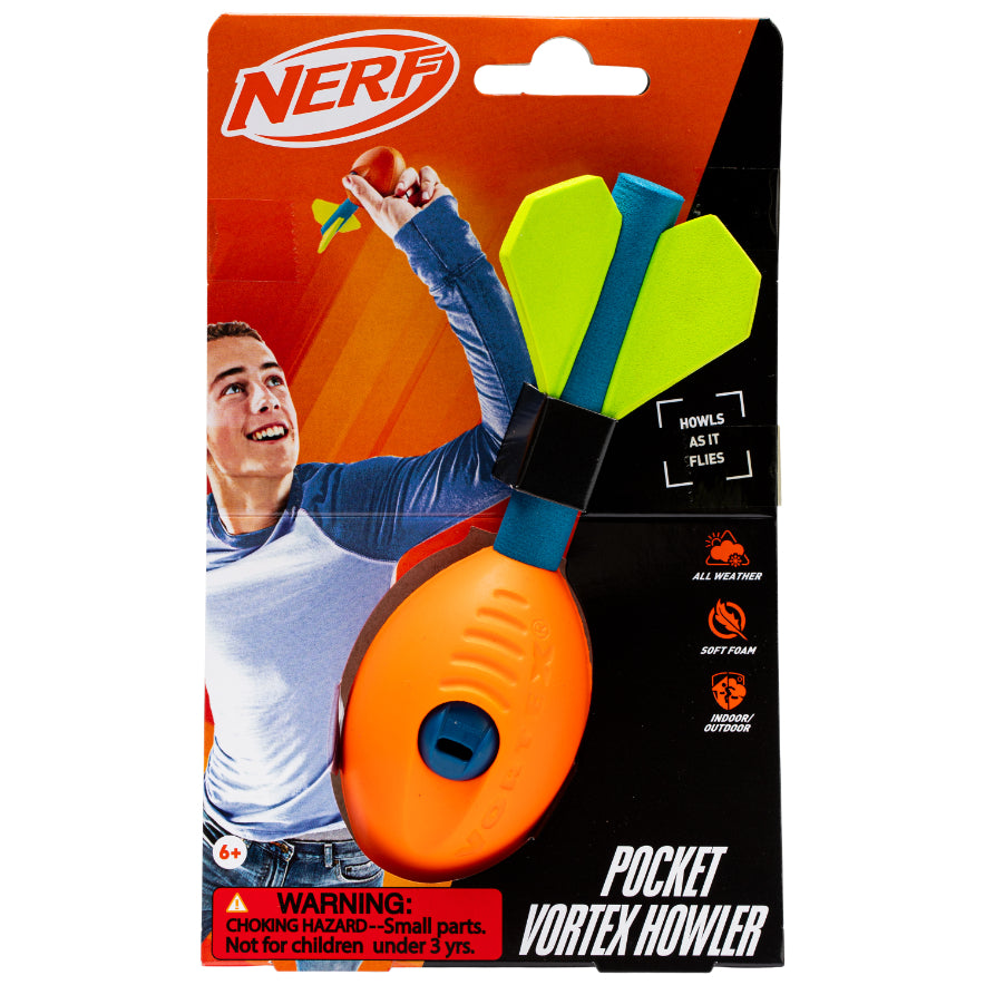 A Nerf Pocket Vortex Howler football in its packaging, showing a smiling young person throwing the foam ball. The orange and blue box highlights features, displays text, and includes a choking hazard warning at the bottom.