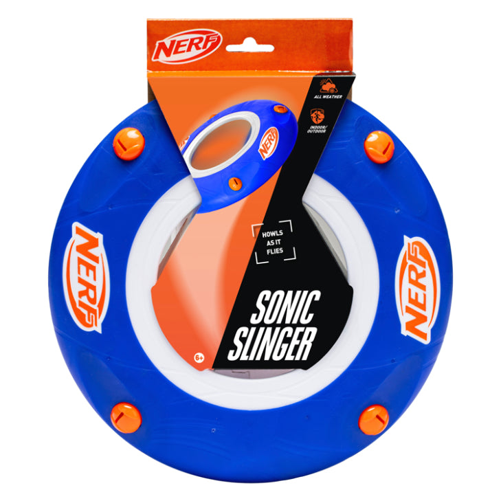 The Nerf Sonic Slinger Disc by Nerf features blue, white, and orange colors, soft grip details, bold Nerf logos, and comes in packaging noting it howls as it flies.