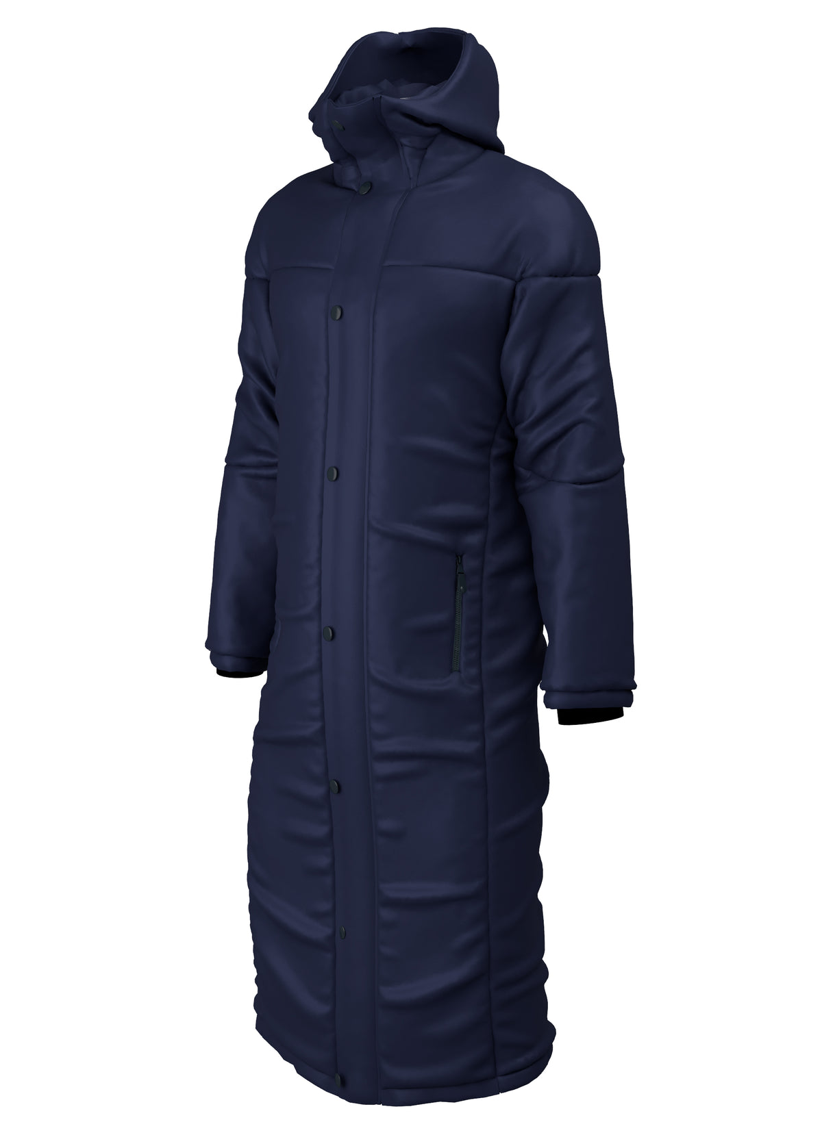 The Kings School Touchline Jacket by Martin Berrill Sports is a navy padded winter coat with a hood, snap buttons, zippered side pocket, black cuffs, and embroidered school logo, shown on a plain white background.