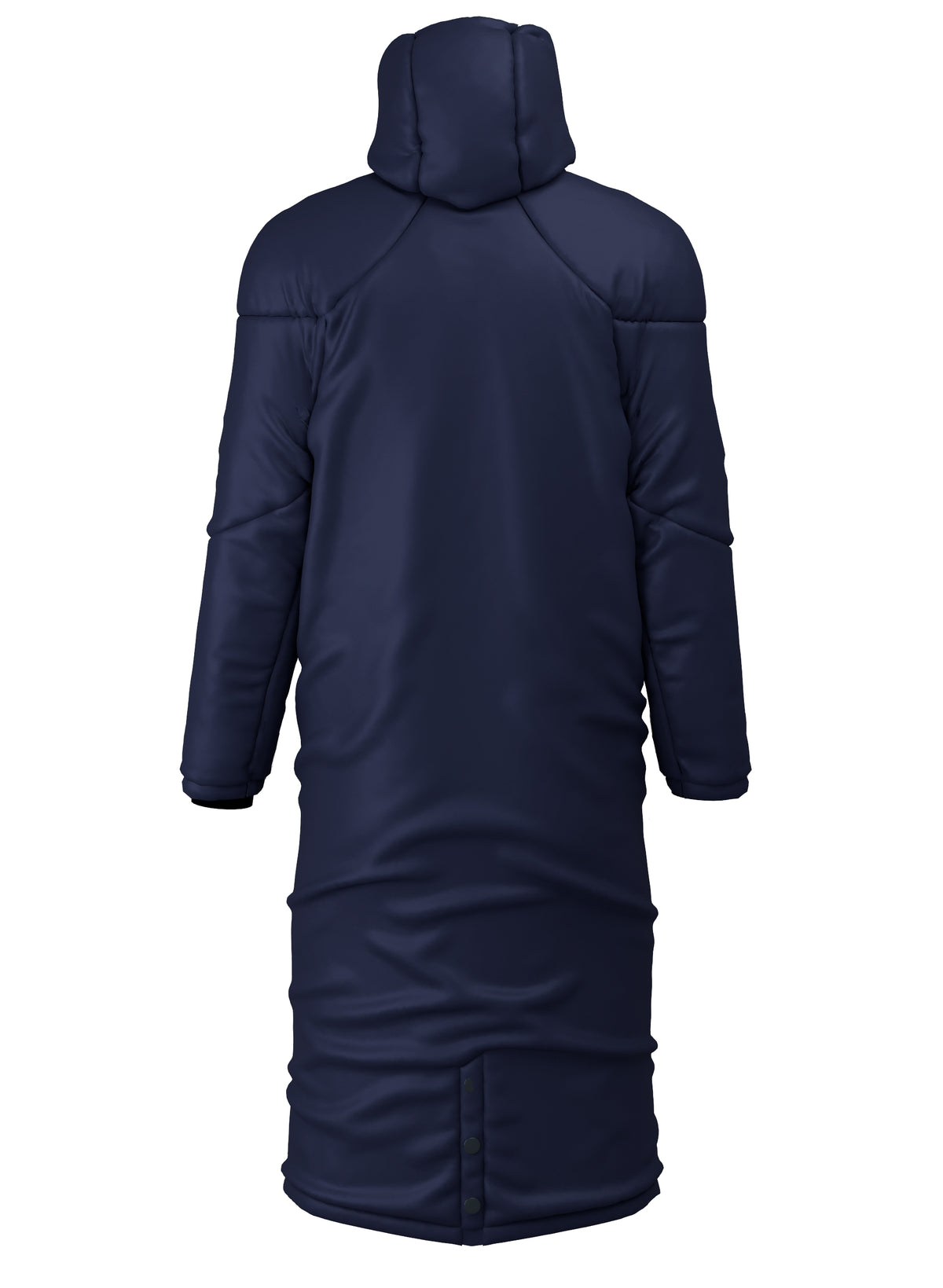 The Kings School Touchline Jacket by Martin Berrill Sports is a long, dark navy quilted coat with a hood, long sleeves, and an embroidered school logo, extending below the knees and shown from the back for a classic look.