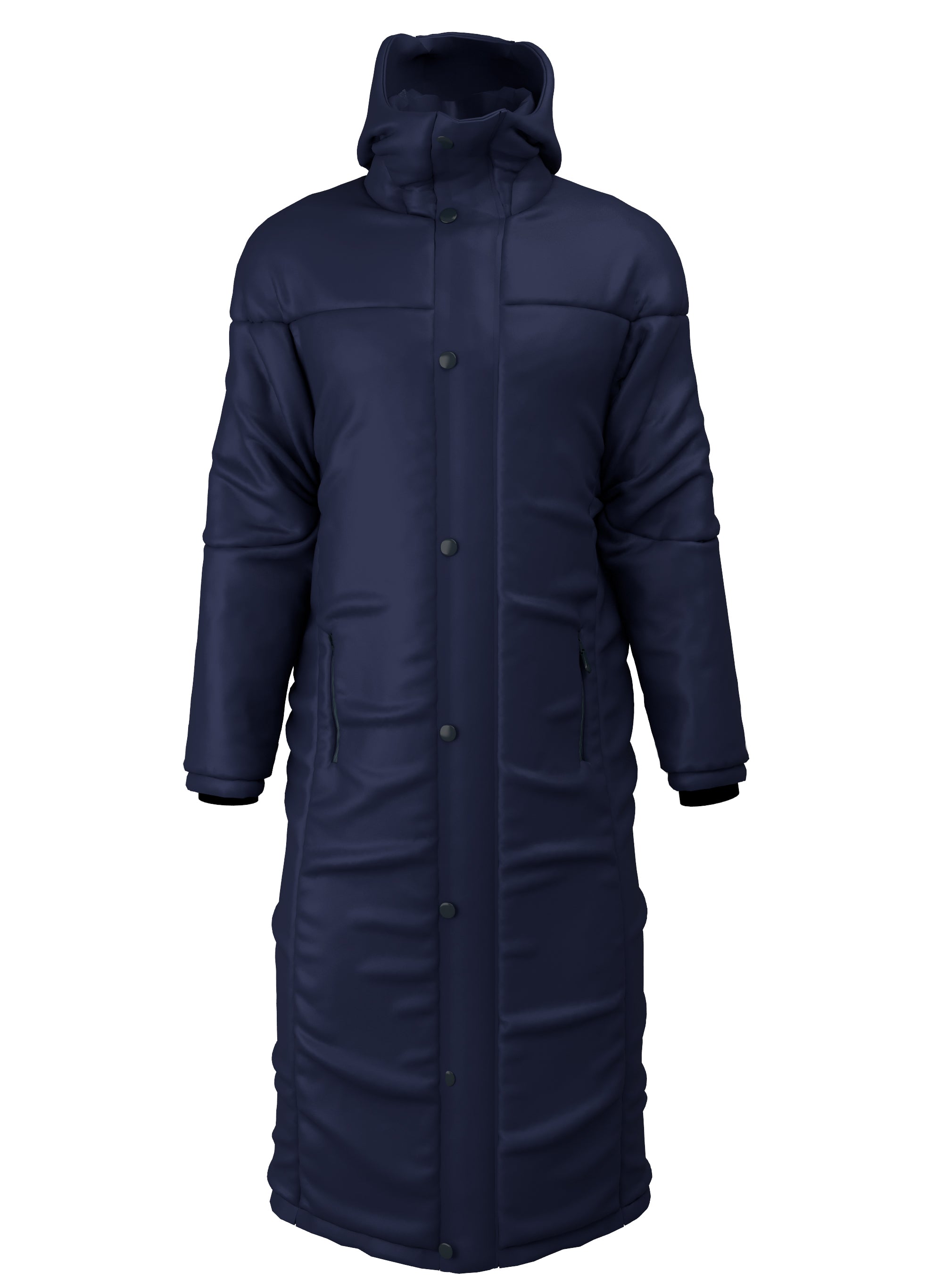 The Kings School Touchline Jacket by Martin Berrill Sports is a long, dark navy puffer coat with a hood, snap buttons, zippered side pockets, insulated glossy fabric, and an embroidered school logo, shown on a white background.