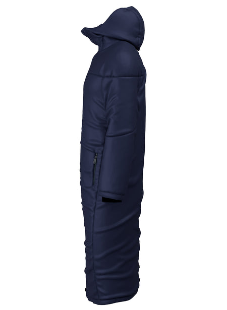 The Kings School Touchline Jacket by Martin Berrill Sports is a long, navy hooded puffer with a side view, front zipper closure, two zippered side pockets, ankle-length fit, and an embroidered school logo for a classic finish.