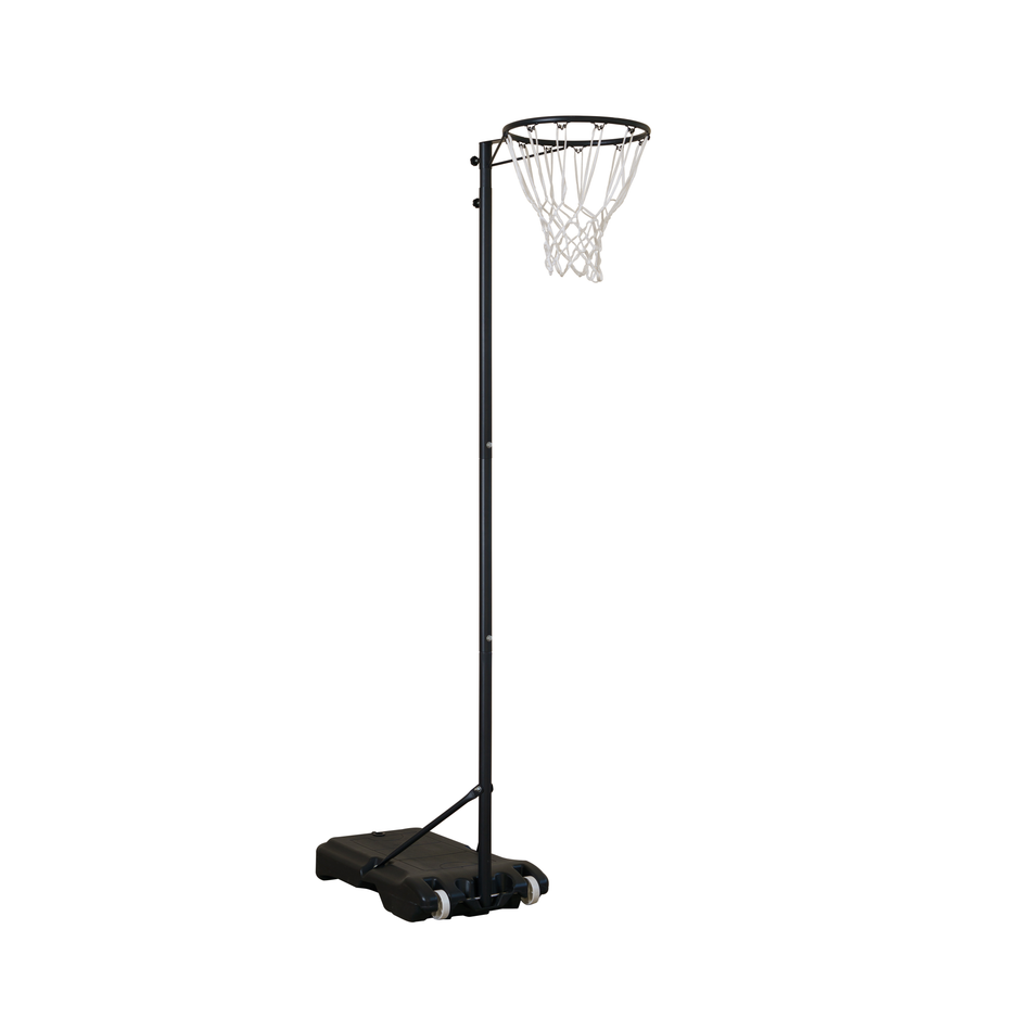 The Gilbert Netball Post V2 by Gilbert is a portable starter set with an adjustable black pole, white net, and sturdy wheeled black base, shown against a plain white background.