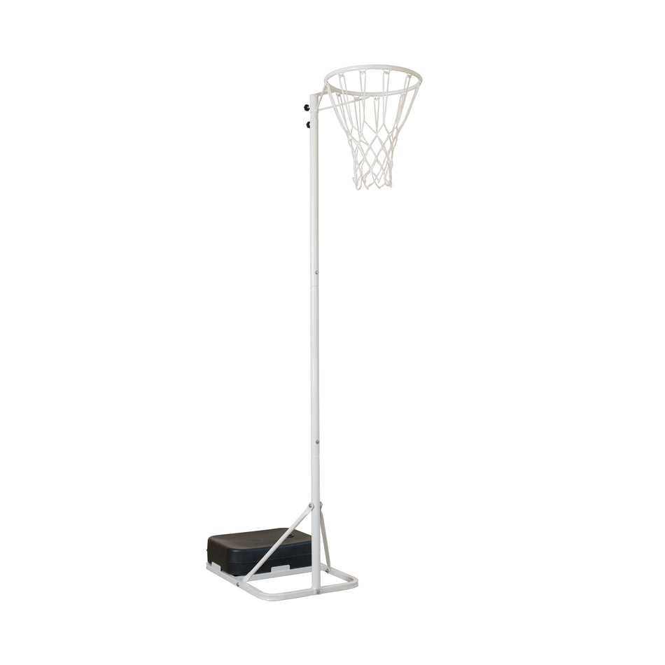 The Gilbert Academy Netball Post V2 by Gilbert is a freestanding, adjustable netball set with a white pole, white hoop, and net on a black weighted base, displayed against a plain white background.