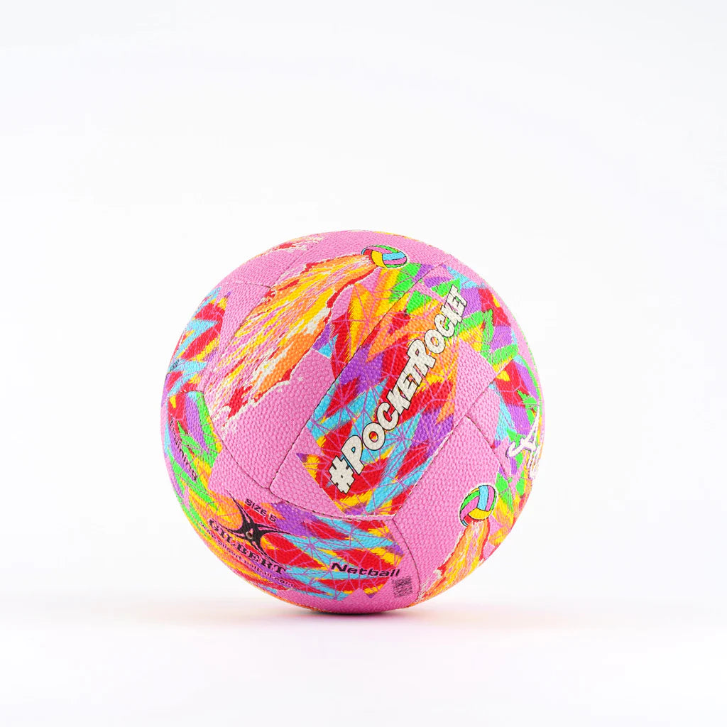The Gilbert Ambassador Signature Netball by Gilbert, size 5, showcases vibrant abstract patterns and #POCKETROCKET text on a signature ball, photographed on a plain white background.