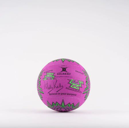 The Gilbert Ambassador Signature Netball by Gilbert features a pink and green tribal design in size 5, with "Kally Kelly," "#teamkallykelly," and "Believe in your purpose" on a white background.