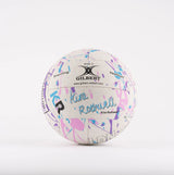 The Gilbert Ambassador Signature Netball by Gilbert is a size 5 white ball featuring vibrant blue, pink, and purple abstract patterns with “Kira Rothwell” printed on it—ideal as a signature ball against a plain white background.