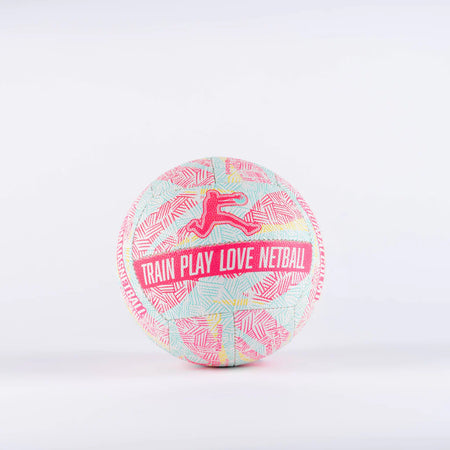 A vibrant Gilbert Ambassador Signature Netball (size 5) by Gilbert, featuring pink and yellow patterns and "TRAIN PLAY LOVE NETBALL" text, displayed on a plain white background.