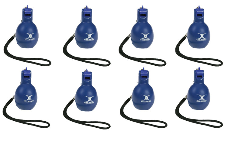 Eight blue Gilbert Squeezy Whistles, each with a black wrist strap, arranged in two rows on a white background—perfect for PE teachers or referees.