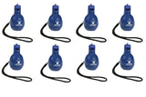 Eight blue Gilbert Squeezy Whistles, each with a black wrist strap, arranged in two rows on a white background—perfect for PE teachers or referees.