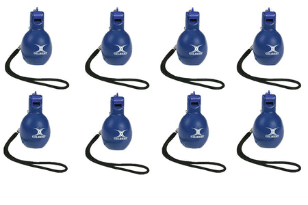 Eight blue Gilbert Squeezy Whistles, each with a black wrist strap, arranged in two rows on a white background—perfect for PE teachers or referees.