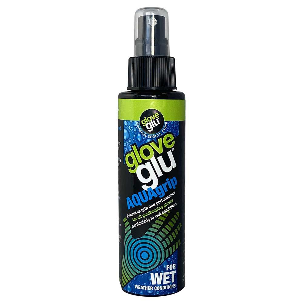 GloveGlu Goalkeeping AQUAGrip is a spray bottle by GloveGlu that enhances grip and performance for goalkeeper gloves, especially in wet weather. The bottle features blue and green branding with water drop graphics.