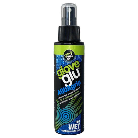 GloveGlu Goalkeeping AQUAGrip is a spray bottle by GloveGlu that enhances grip and performance for goalkeeper gloves, especially in wet weather. The bottle features blue and green branding with water drop graphics.