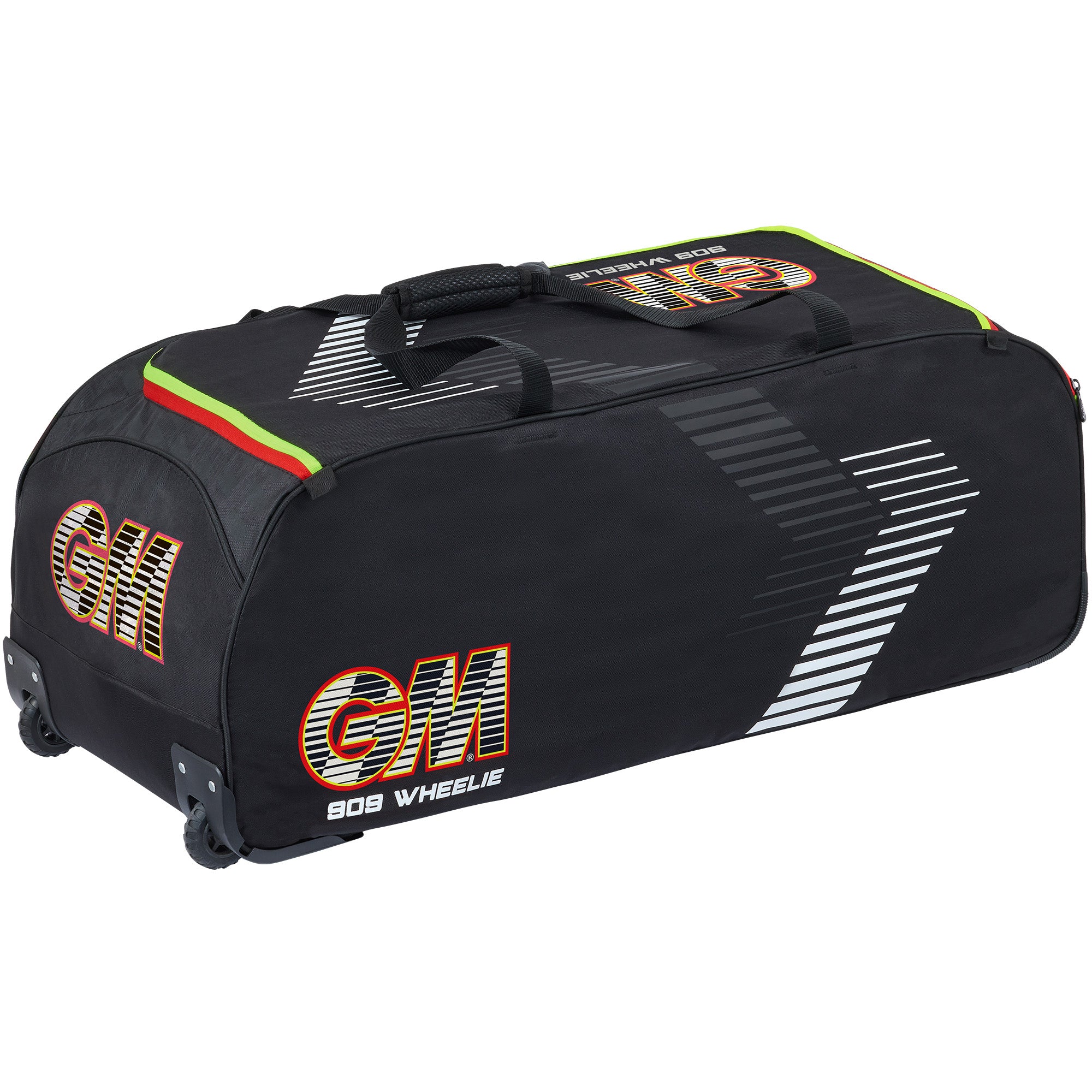 The Gunn & Moore 909 Wheelie 2026 is a large black cricket kit bag with GM and 909 Wheelie on its side, white diagonal stripes, green, red, and yellow accents near the zipper, and all-terrain wheels for easy transport.