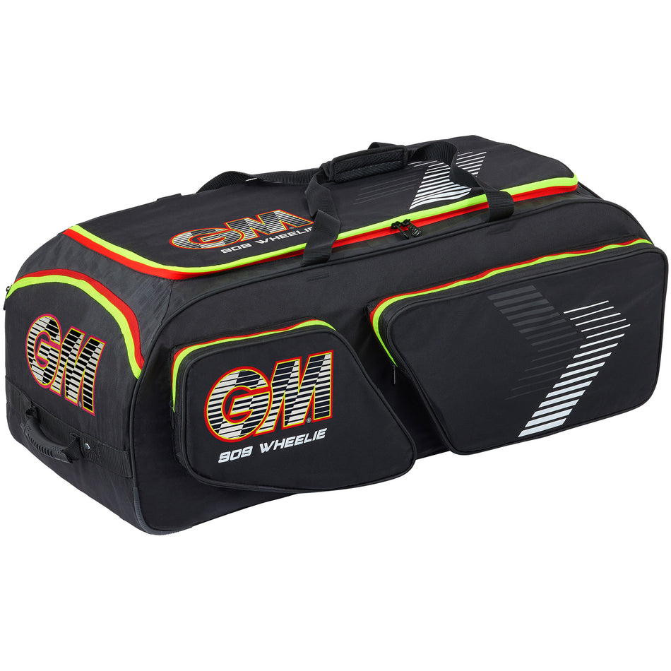 The Gunn & Moore 909 Wheelie 2026 is a large black cricket kit bag with side pockets, colorful red, yellow, and green accents, GM branding, top zipper, sturdy handles, and durable construction for long-lasting use.