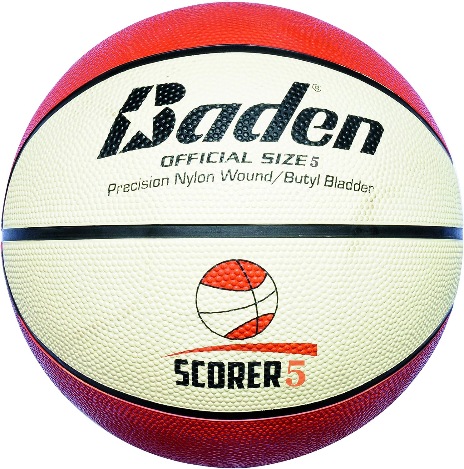 The Baden Sports Scorer Rubber Replica Basketball in Size 5 features red and white panels with black lettering and a logo displaying a basketball above the text “SCORER 5”—making it an ideal choice for school use.