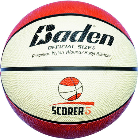 The Baden Sports Scorer Rubber Replica Basketball in Size 5 features red and white panels with black lettering and a logo displaying a basketball above the text “SCORER 5”—making it an ideal choice for school use.