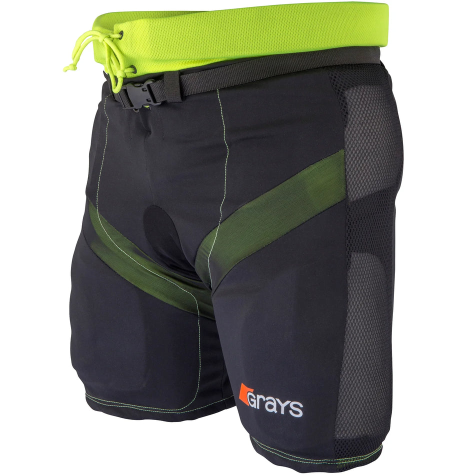 The Grays Nitro Padded Goalie Shorts - Junior feature black and green design, neon green waistband, mesh panels, high density foam padding, polymer armour, and the Grays logo for maximum comfort and protection during sports.