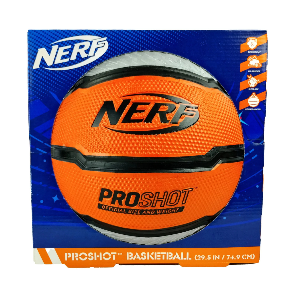 The Nerf Proshot Rubber Basketball V2 by Nerf comes in official size and weight packaging, featuring the Nerf logo, product details on the box, and a textured grip for enhanced control and bounce.