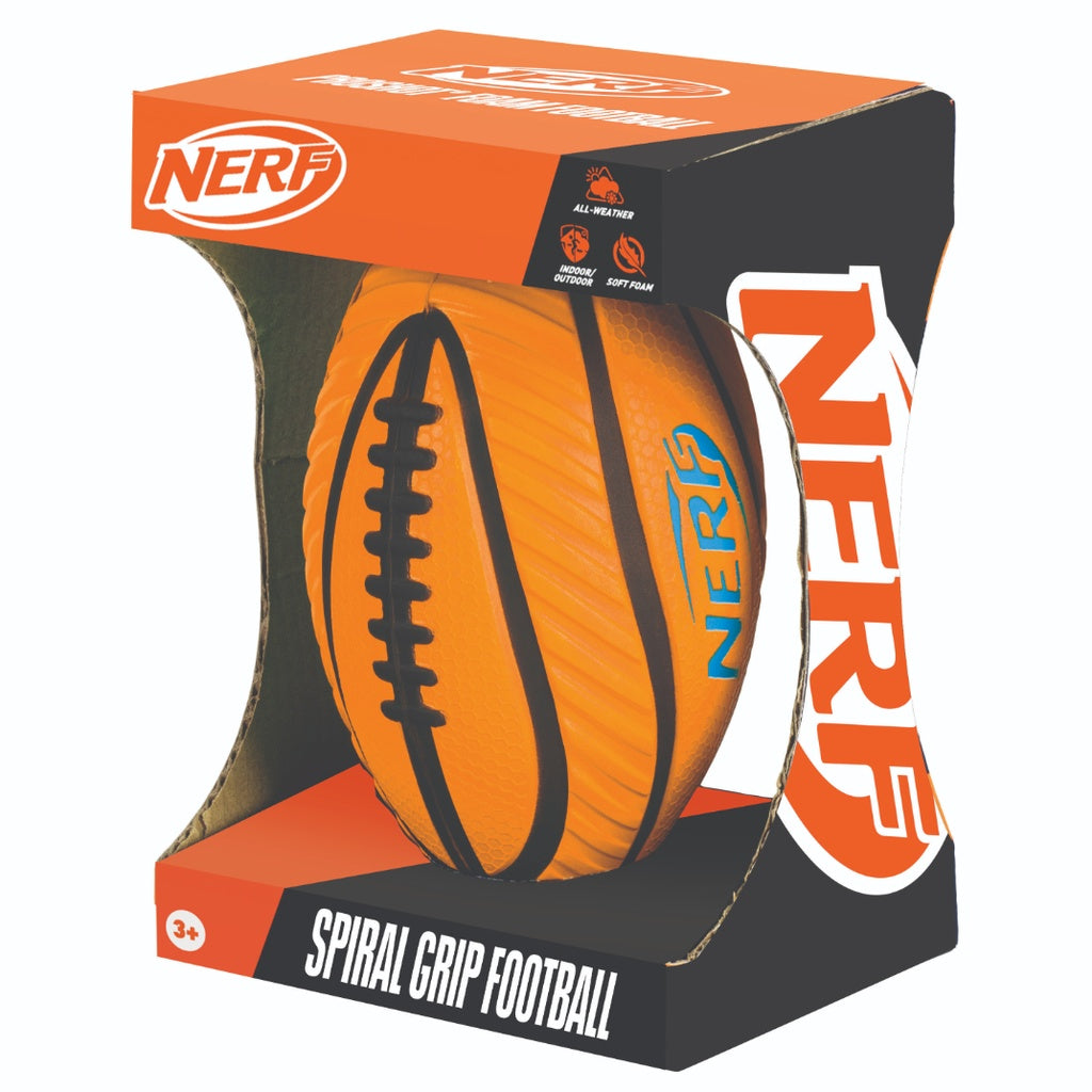 The Nerf Spiral Grip Foam American Football, in orange and black, stands upright in branded packaging with the Nerf logo and "Spiral Grip Football" text—ideal for fans of American football.