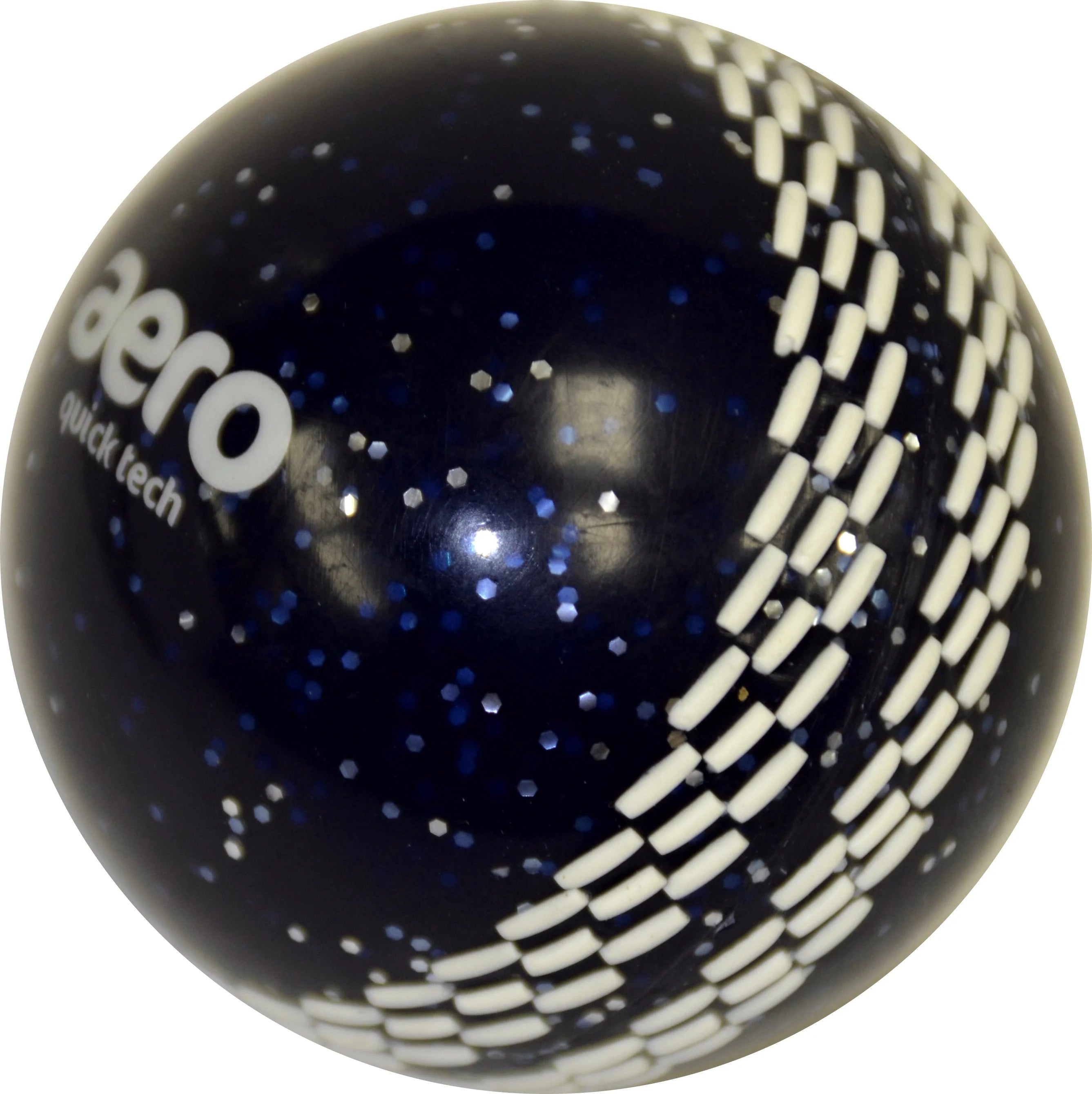 The Aero Quick Tech Glitter Junior Windball by Aero is a navy coaching cricket ball featuring white stitched seams, small glitter specks, and printed branding—ideal for junior practice.