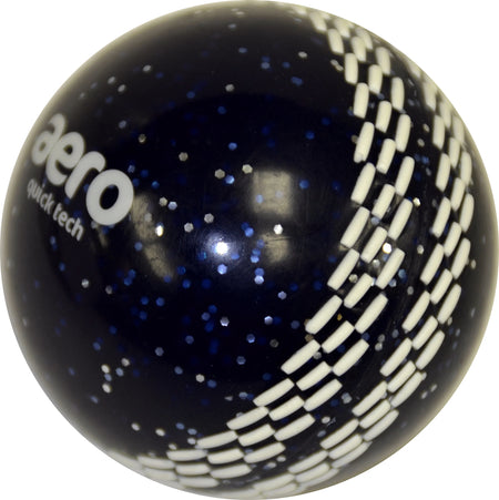 The Aero Quick Tech Glitter Junior Windball by Aero is a navy coaching cricket ball featuring white stitched seams, small glitter specks, and printed branding—ideal for junior practice.